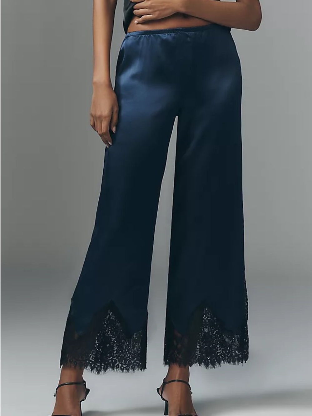 Reformation Carolina Silk Lace Navy Wide-Leg Pants with Black Hem